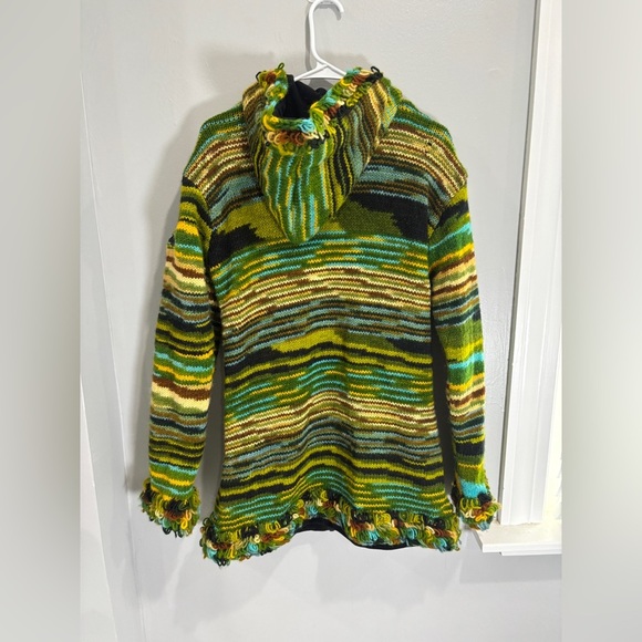 100% Wool Jacket Chunky Pixie Hood Knit Unisex Boho Fleece Lined Warm Cardigan - Picture 6 of 11